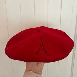 Laulhère Paris Red Beret France Pure Merino Wool Black Eiffel Tower Embroidered